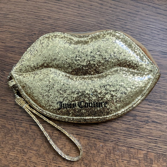 Y2K Vintage JUICY COUTURE Glitter Sparkly Shiny Gold Lips Wristlet Bag Women’s - Picture 2 of 16